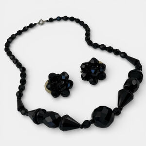 Vintage French Jet Black Glass Necklace & Clip Earring Set – Art Deco Era